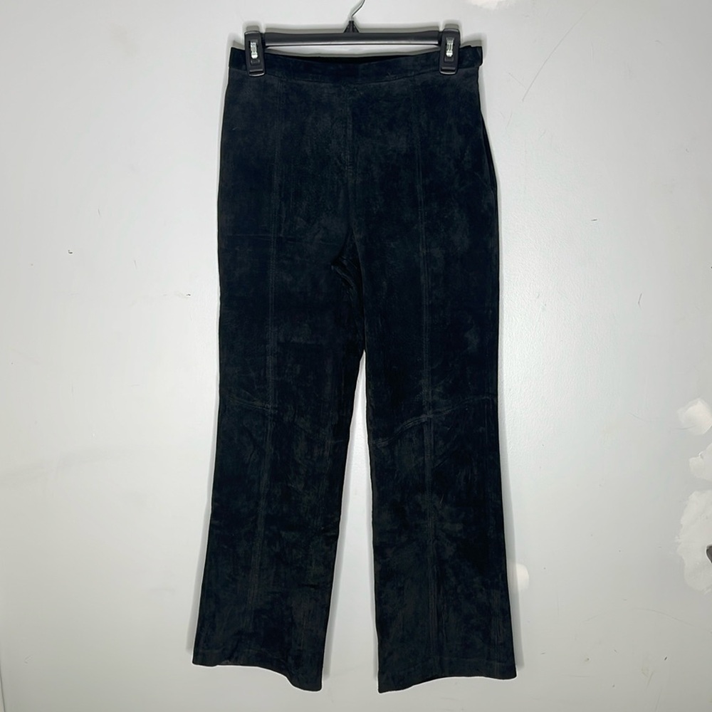 TERRY LEWIS Black 100% Genuine Leather Suede Zip Front Closure Straight Leg Pant